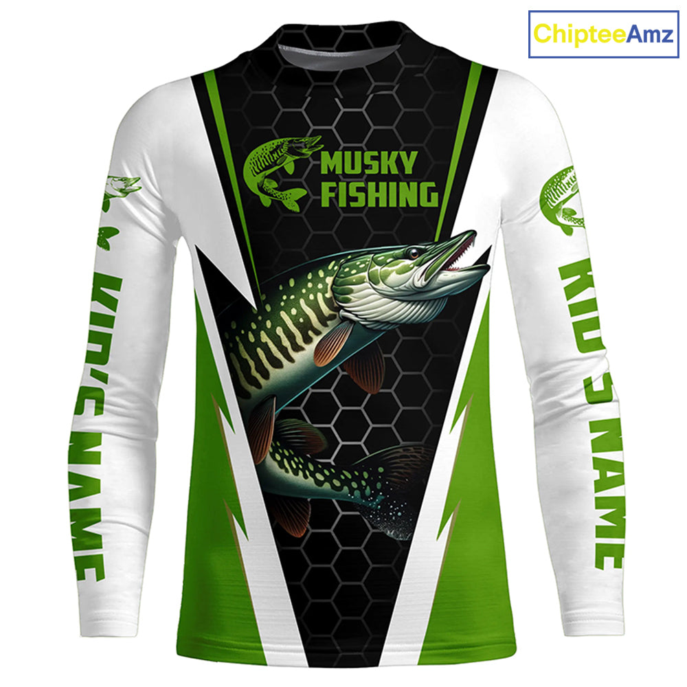 Personalized Musky Fishing Long Sleeve Tournament Fishing Shirts, Musky Fishing Jerseys |Green IPHW6142