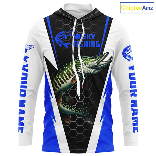 Personalized Musky Fishing Long Sleeve Tournament Fishing Shirts, Musky Fishing Jerseys |Blue IPHW6143