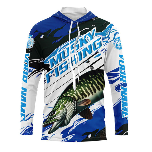 Custom Musky Fishing Jerseys, Muskie Long Sleeve Tournament Fishing Shirts | Blue Camo IPHW6126