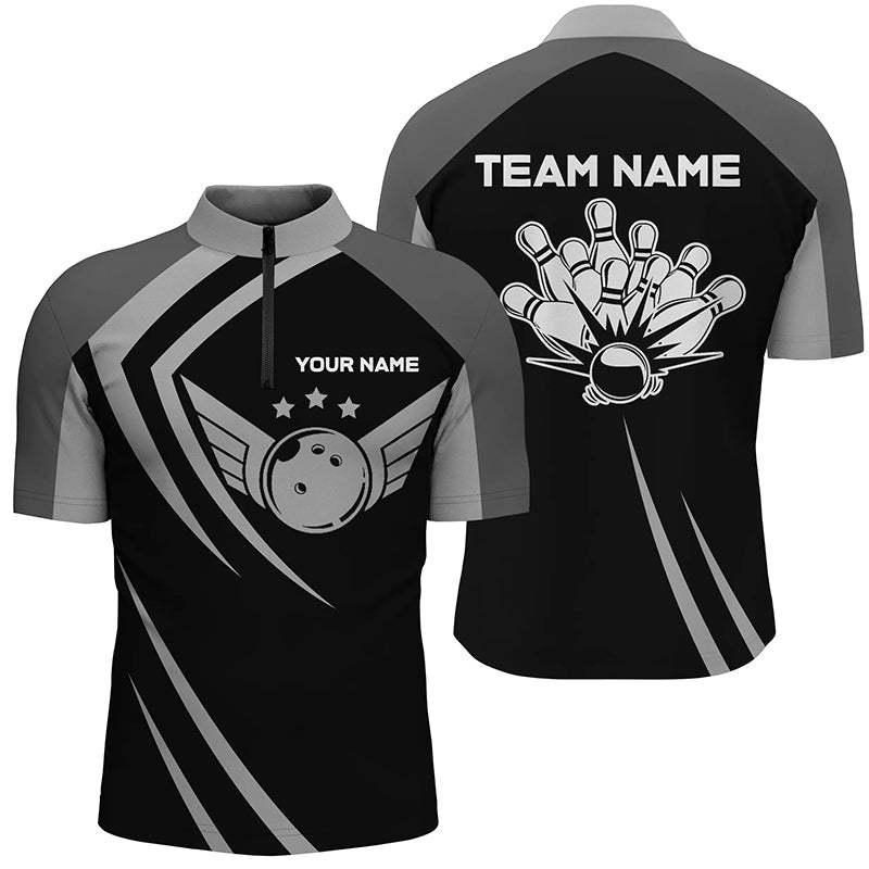 Black retro vintage Bowling Quarter Zip shirts for men custom Bowling team league jerseys NQS6593