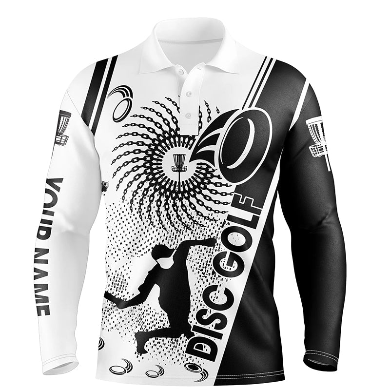 Black and white Mens disc golf polo shirts custom disc golf shirt, personalized disc golf gifts NQS6752