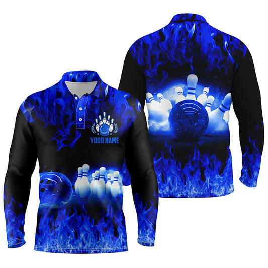 Blue personalized bowling shirt for men – custom name design side view