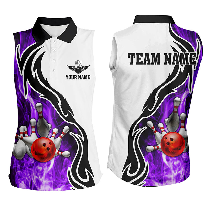Women sleeveless polo shirts Custom bowling ball pins strike team league jersey, bowl gifts | Purple NQS6344