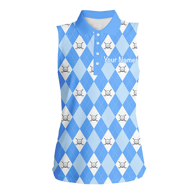 Blue argyle plaid pattern Womens sleeveless polo shirt custom golf shirts for women, ladies golf polo NQS5258