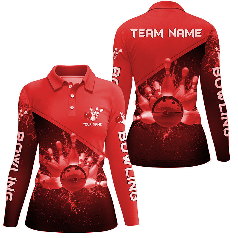 Women bowling polo shirts Custom red lightning thunder Bowling Team Jersey, gift for team Bowlers NQS6622