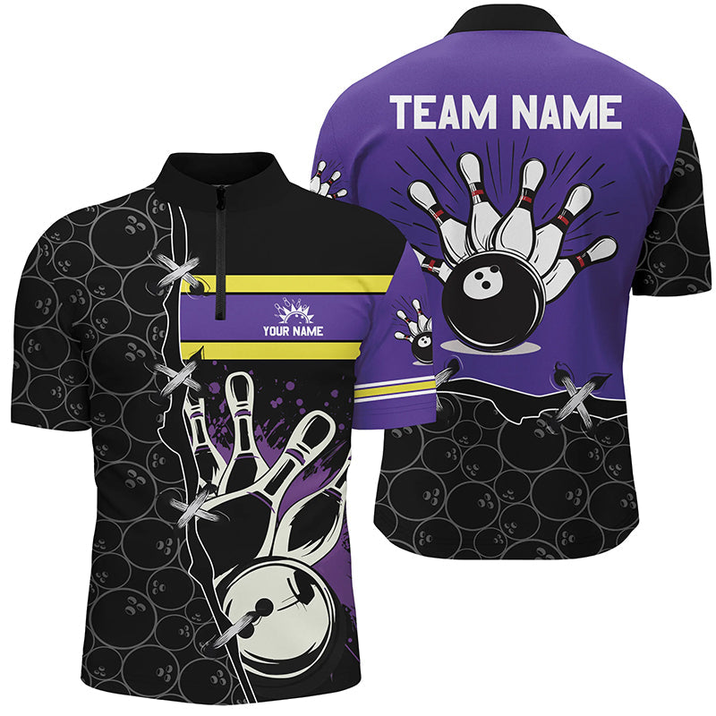 Bowling camo Quarter Zip shirt for men Custom Team bowling league jerseys, gift for bowlers | Purple NQS7306