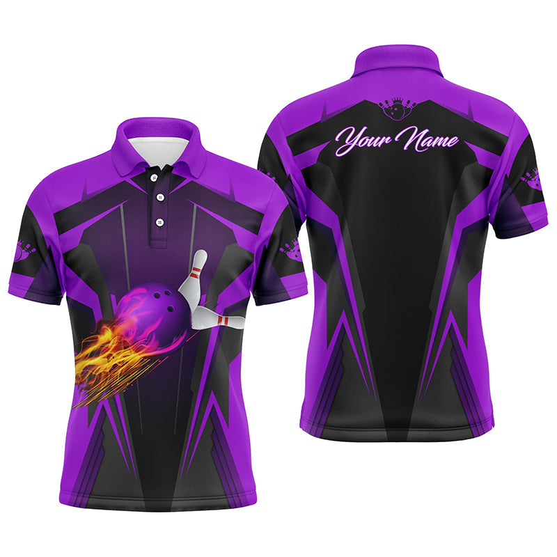 Personalized Mens polo Shirt Flame Bowling Ball Pins, bowling jerseys for bowlers | Purple NQS6440
