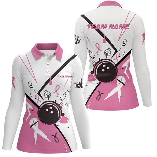 Pink ribbon breast cancer awareness bowling jerseys Custom Team Bowling Polo Shirt For Women | White NQS7245