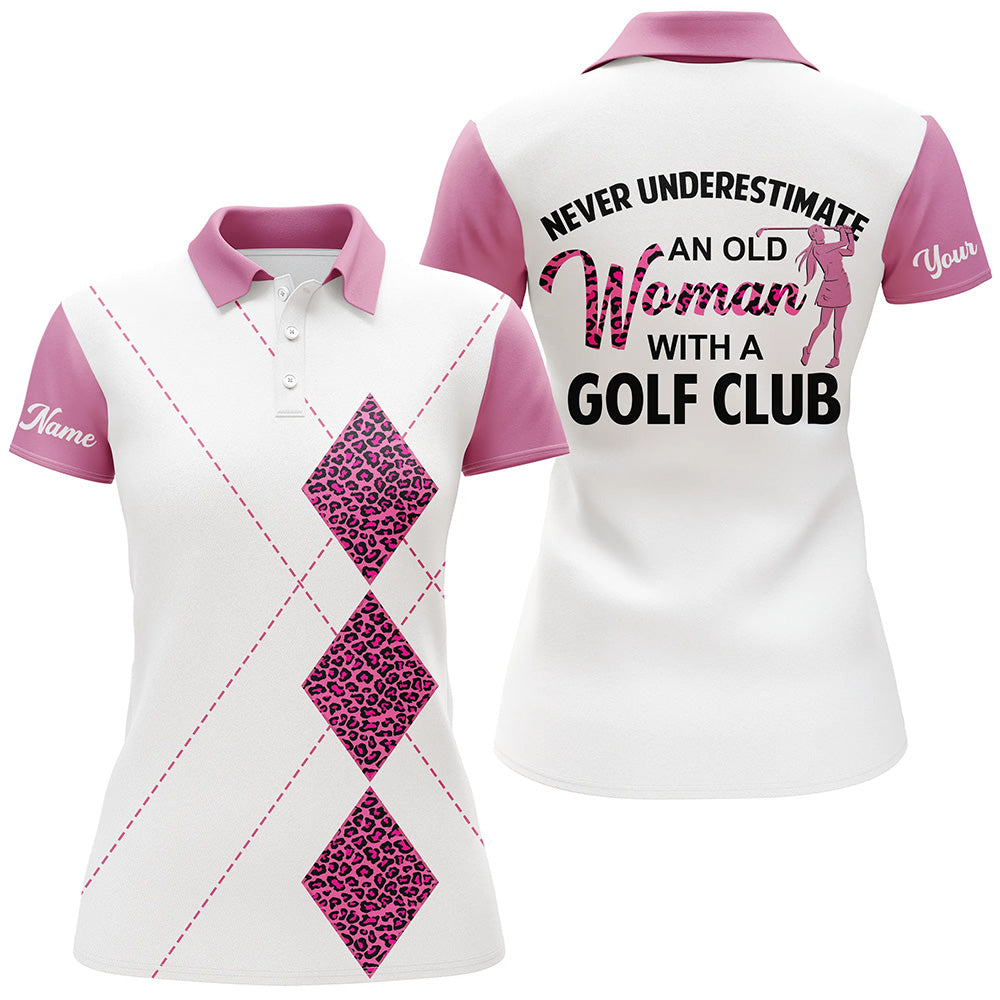 White Pink leopard Womens golf polos shirts custom never underestimate an old women with a golf club NQS5241