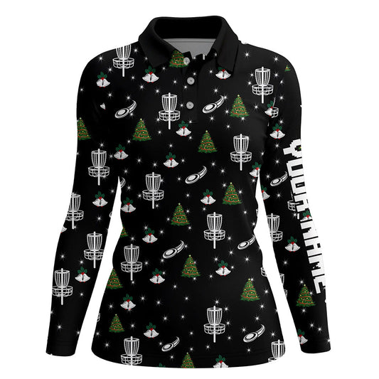 Womens golf polo shirt custom black Christmas pattern disc golf shirt for women, disc golf jerseys NQS6664