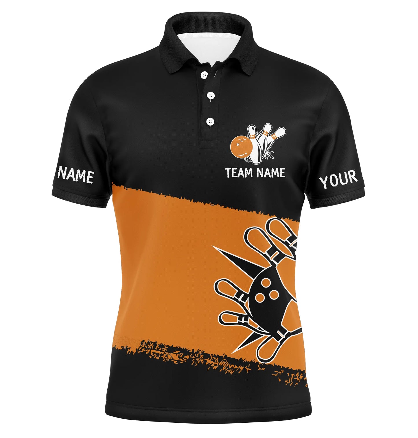 Custom Black orange bowling shirt for men – personalized team jersey front view