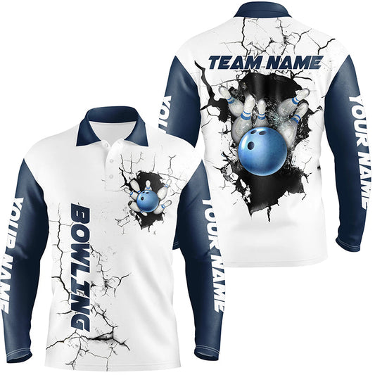 Mens Bowling polo shirts Custom Bowling ball and pins Team league Jerseys, gifts for bowlers | Blue NQS7270