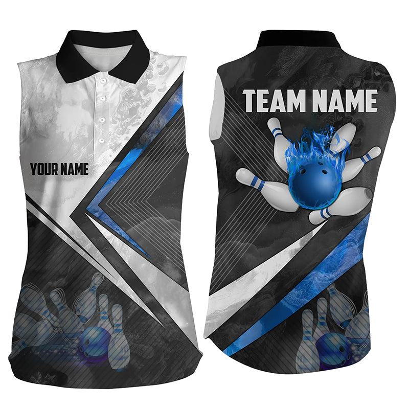 Black and white Bowling sleeveless polo Shirt for women Custom bowling ball pins Bowler Jerseys | Blue NQS6447