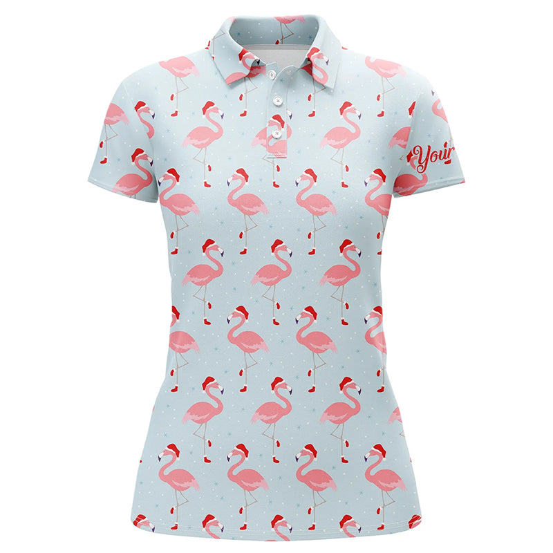 Funny Womens golf polo shirt custom Christmas pattern with tropical winter flamingos in xmas Santa hat NQS6719