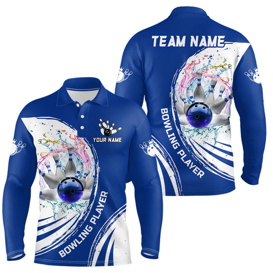 Men Bowling Polo Shirt Custom water bowling ball pins Bowling Team Jersey, gift for Bowlers | Blue NQS7194