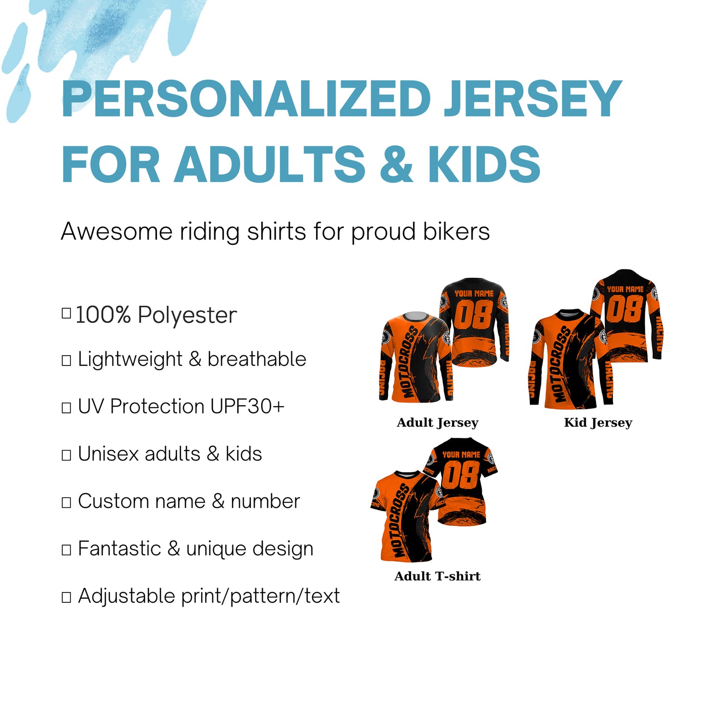 Personalized kid men women Motocross jersey upf30+ orange Dirt Bike off-road shirt motorcycle PDT421