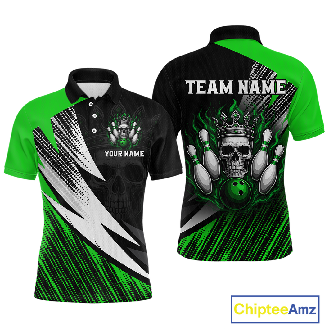 Green Skull Crown Bowling Custom Men Bowling Shirt Polo & Quarter-Zip Bowling Team Jerseys HNT65