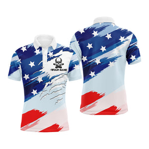 Personalized Men Polo Bowling Shirt, American Flag Skull Bowler Jersey Short Sleeve NBP63