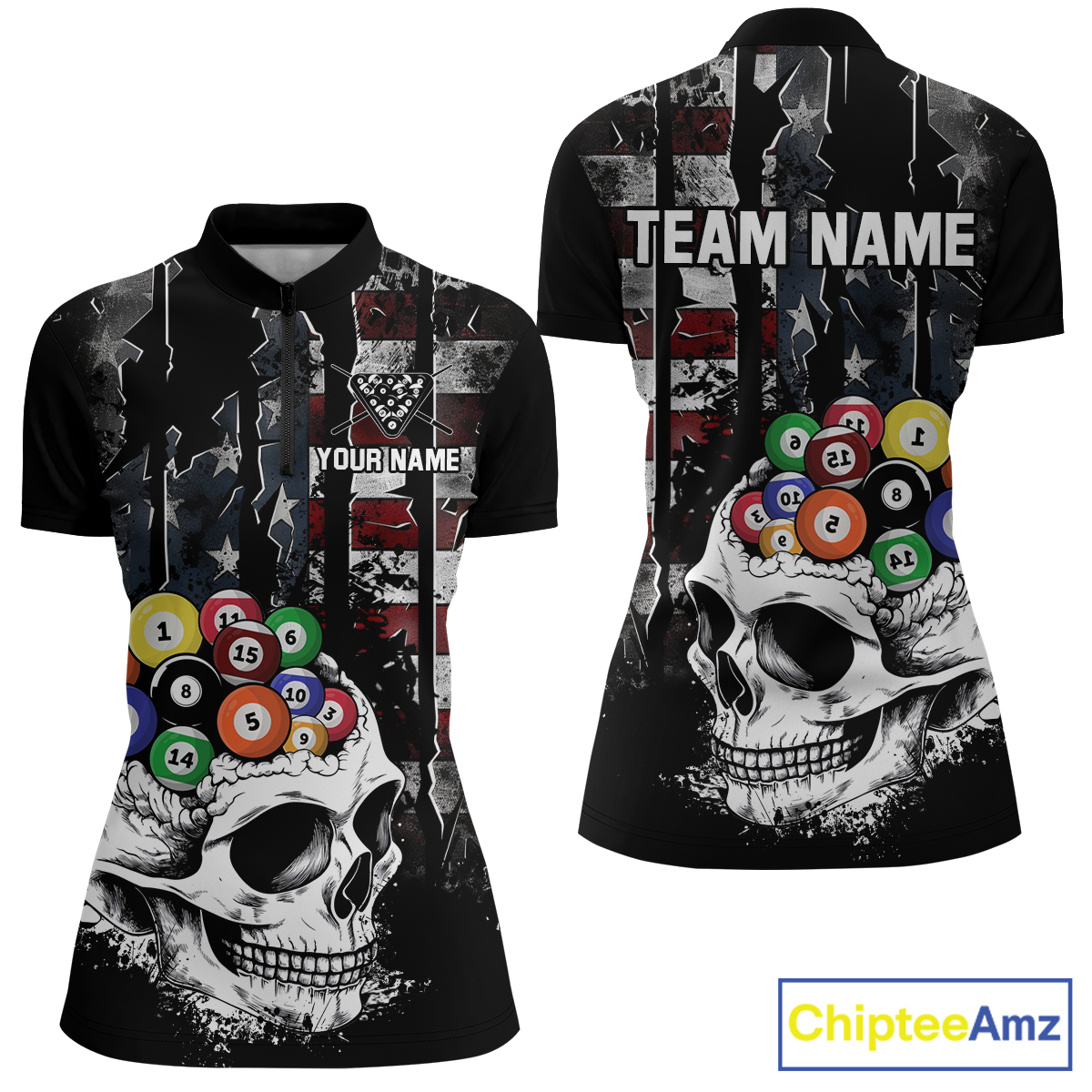 Personalized Skull US Flag Billiard Team Jersey Billiard Shirts for Women Polo & 1/4 Zip Shirts NNT42