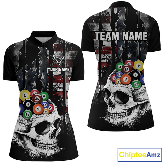 Personalized Skull US Flag Billiard Team Jersey Billiard Shirts for Women Polo & 1/4 Zip Shirts NNT42