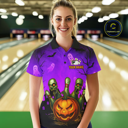 A woman wearing a purple Halloween-themed bowling shirt stands in front of a blurred bowling alley background. The shirt features a black collar, a purple background with ghost and bat motifs, and a large graphic of three green skulls emerging from a jack-o'-lantern with bowling pins.