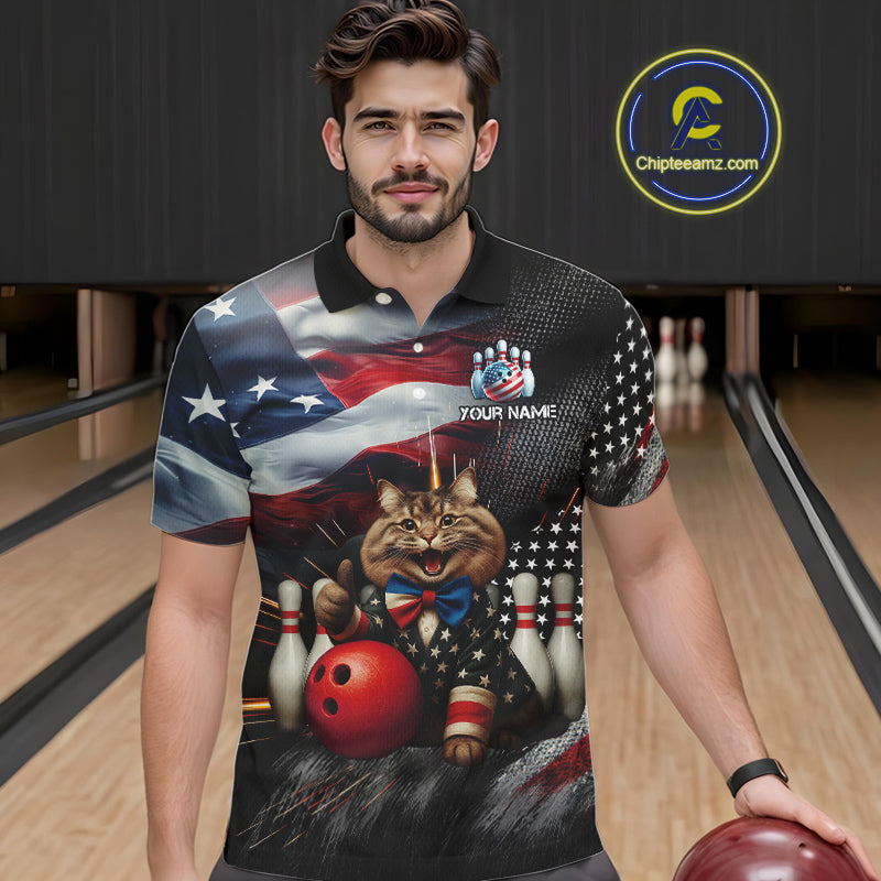 American Flag Funny Cat Bowling Shirt for Men Custom Bowling League Jersey Polo & 1/4 Zip Shirt QZT807