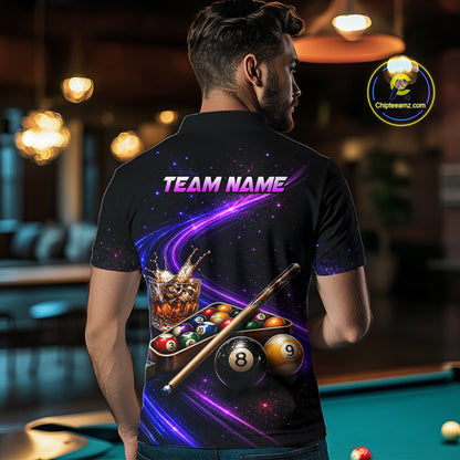A man viewed from behind wearing a black short-sleeve polo shirt with a large back graphic. The graphic features a purple and blue galaxy design with billiards elements, including a cue stick, pool balls, and a glass of beer.