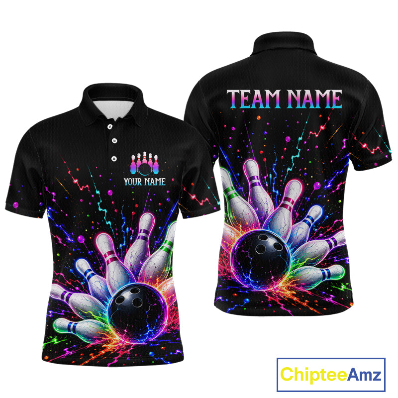 Black polo shirt with colorful bowling design on front and back, featuring 'Team Name' and 'Your Name' text.