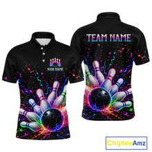 Load image into Gallery viewer, Black polo shirt with colorful bowling design on front and back, featuring 'Team Name' and 'Your Name' text.