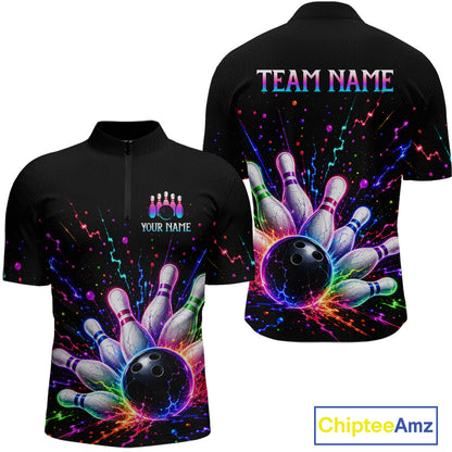 Black bowling-themed shirt with colorful design and customizable text on a white background