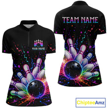 Load image into Gallery viewer, Black bowling-themed shirt with colorful design and customizable text on a white background
