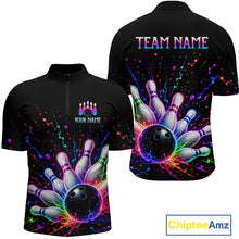 Load image into Gallery viewer, Black bowling-themed shirt with colorful design and customizable text on a white background