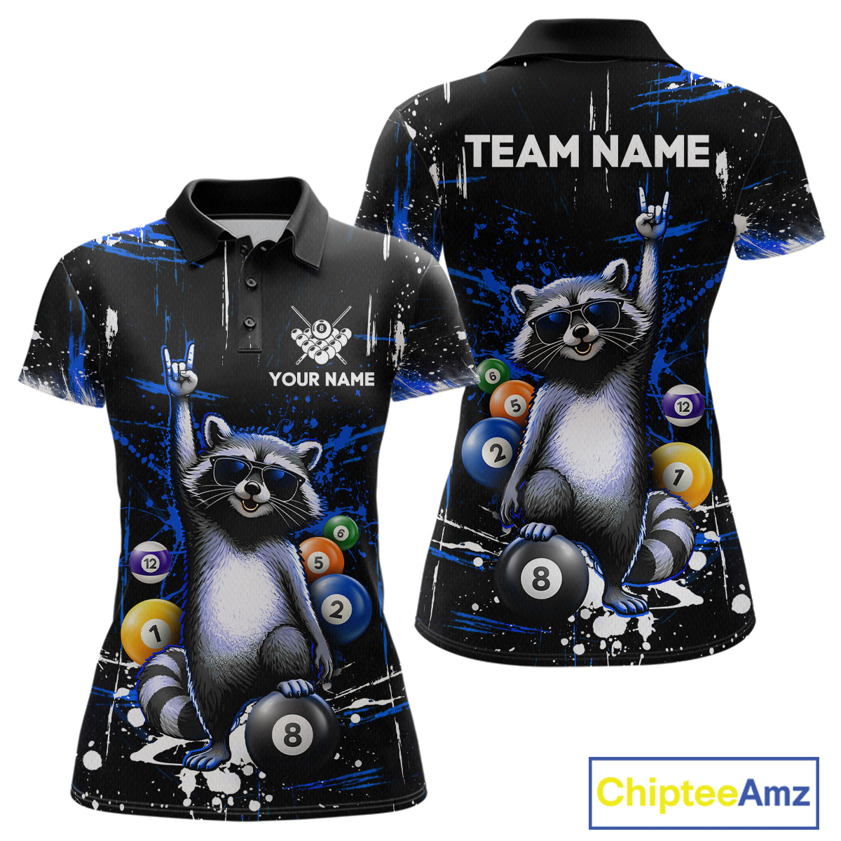 Custom Blue Funny Raccoon Billiard Shirt for Women 8 Ball Pool Billiard Jersey Polo & 1/4-Zip BHT5
