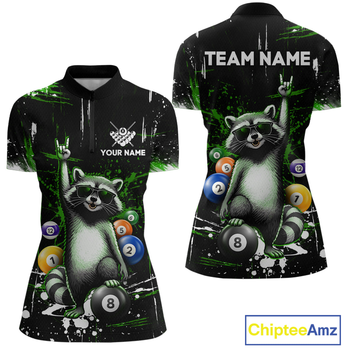 Custom Green Funny Raccoon Billiard Shirt for Women 8 Ball Pool Billiard Jersey Polo & 1/4-Zip BHT5