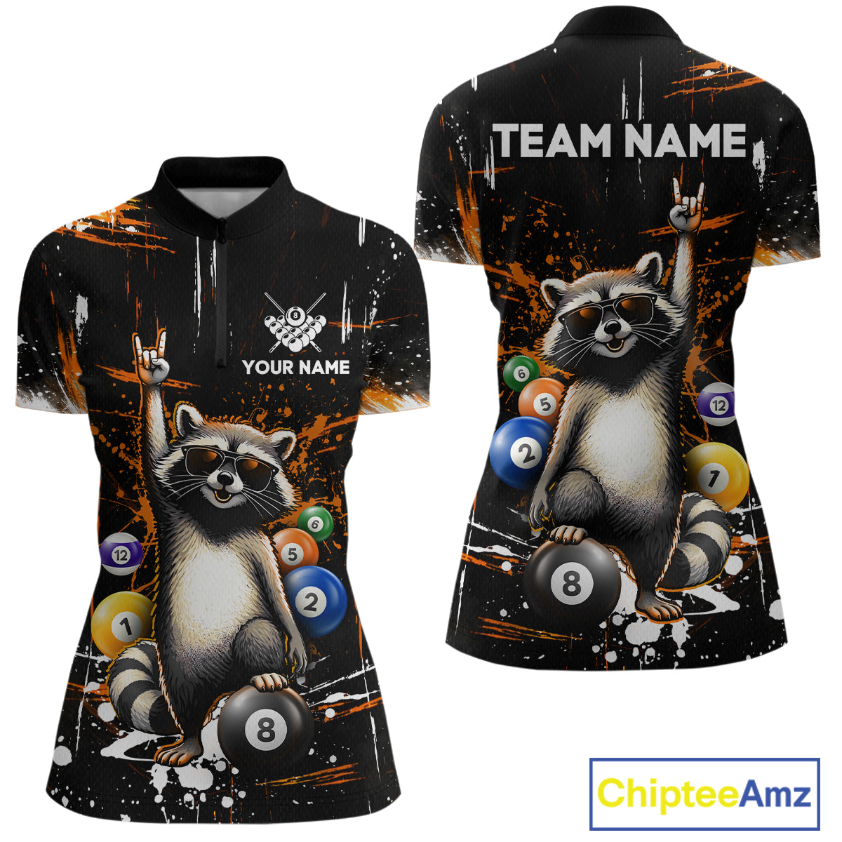 Custom Orange Funny Raccoon Billiard Shirt for Women 8 Ball Pool Billiard Jersey Polo & 1/4-Zip BHT5