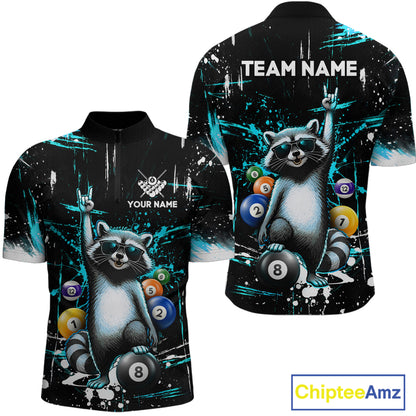 Custom Turquoise Funny Raccoon Billiard Shirt for Men 8 Ball Pool Billiard Jersey Polo & 1/4-Zip BHT5
