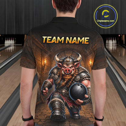 Custom Viking Pig Bowling Shirt Black & Brown Funny Bowling Jersey for Men Polo & Quarter-Zip QZT1226