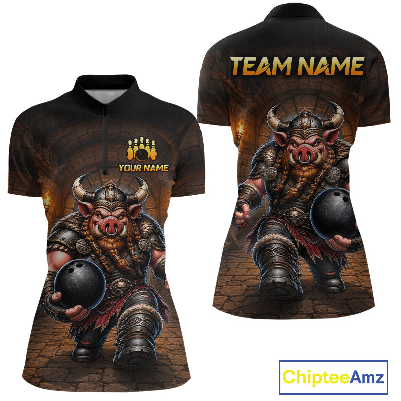 Custom Viking Pig Bowling Shirt Black & Brown Funny Bowling Jersey for Women Polo & Quarter-Zip QZT1226