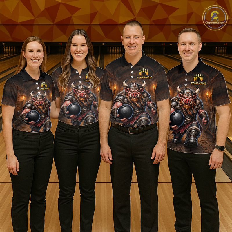Custom Viking Pig Bowling Shirt Black & Brown Funny Bowling Jersey for Men Polo & Quarter-Zip QZT1226