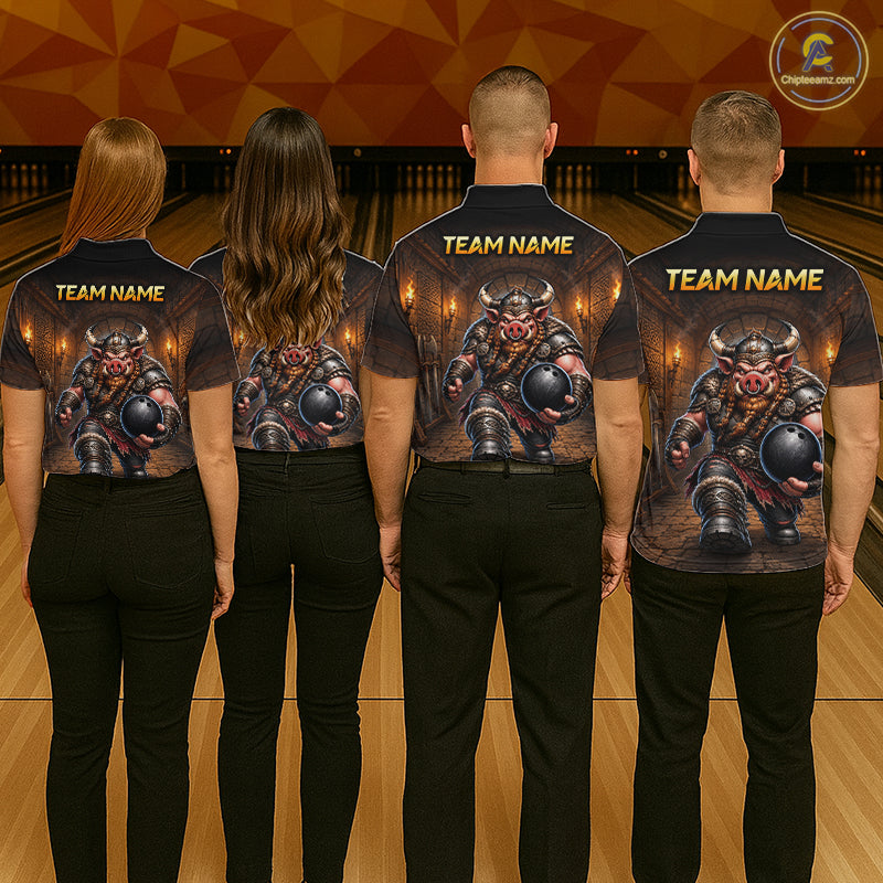 Custom Viking Pig Bowling Shirt Black & Brown Funny Bowling Jersey for Men Polo & Quarter-Zip QZT1226