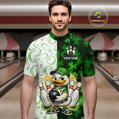 Custom Green Funny Duck Bowling Team Shirt for Men Lucky Clover St Patrick Day Bowling League Outfit QZT861