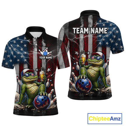 Custom American Flag Funny Beer Bowling Shirt for Men Patriotic Bowling Jersey Polo & 1/4-Zip QZT1023