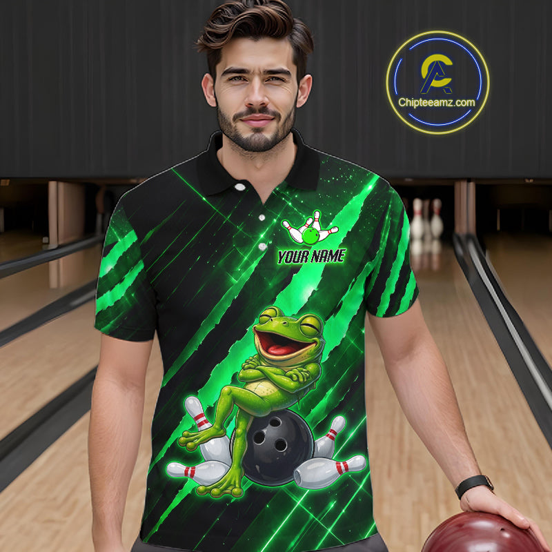Custom Green Funny Frog Bowling Shirt for Men Bowling Jersey Polo & 1/4 Zip Bowling Outfit QZT1026