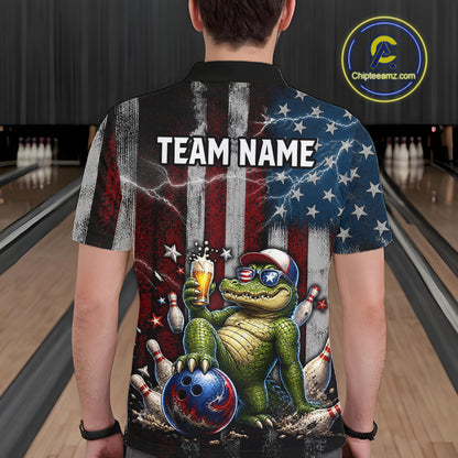 Custom American Flag Funny Beer Bowling Shirt for Men Patriotic Bowling Jersey Polo & 1/4-Zip QZT1023