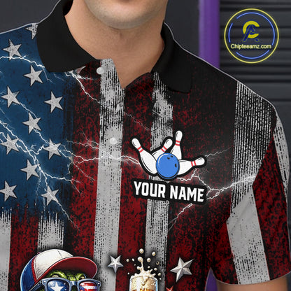 Custom American Flag Funny Beer Bowling Shirt for Men Patriotic Bowling Jersey Polo & 1/4-Zip QZT1023