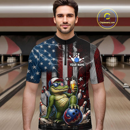 Custom American Flag Funny Beer Bowling Shirt for Men Patriotic Bowling Jersey Polo & 1/4-Zip QZT1023