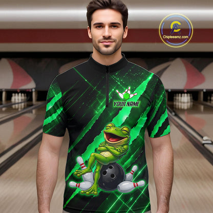 Custom Green Funny Frog Bowling Shirt for Men Bowling Jersey Polo & 1/4 Zip Bowling Outfit QZT1026