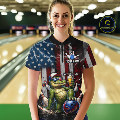 Custom American Flag Funny Beer Bowling Shirt for Women Patriotic Bowling League Jersey QZT1023