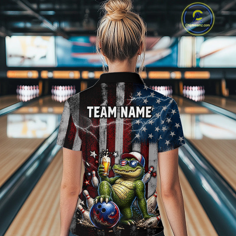 Custom American Flag Funny Beer Bowling Shirt for Women Patriotic Bowling League Jersey QZT1023