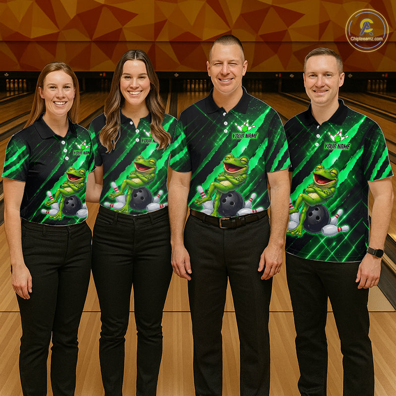 Custom Green Funny Frog Bowling Shirt for Men Bowling Jersey Polo & 1/4 Zip Bowling Outfit QZT1026